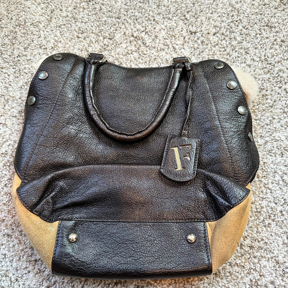 Furla shearling and suede Luxurious Brown Leather Handbag